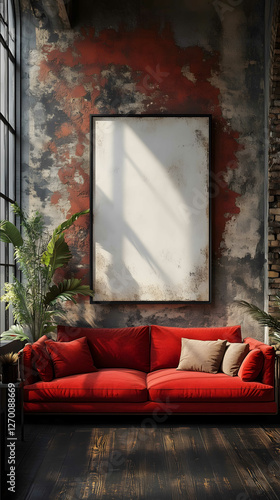 industrial cyber grunge loft living room with a big white vertical canvas on the main wall rick owen house style red design sofa natural light concrete gold high def
