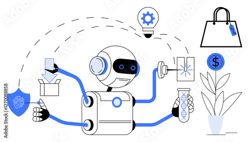 Robot multitasking with shopping, fingerprint security, package delivery, idea generation, financial transactions, and scientific research. Ideal for technology, AI, innovation automation security