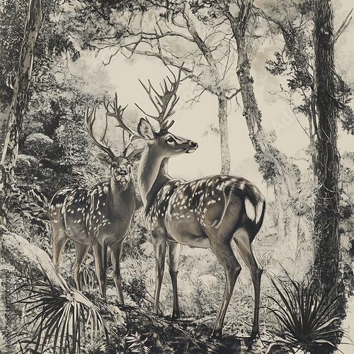 Two deer in a forest scene photo