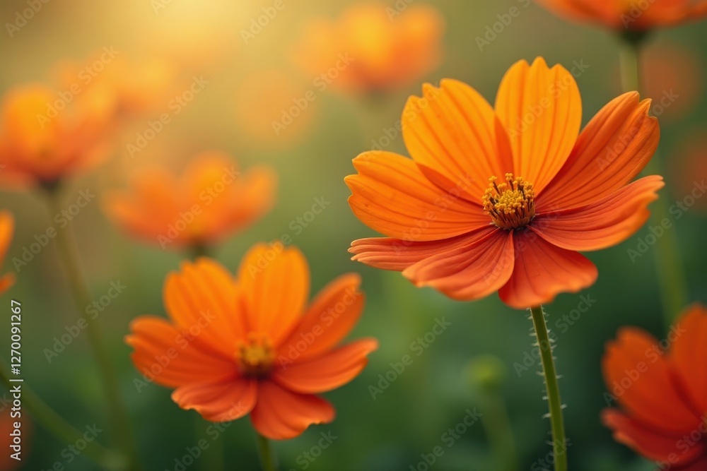 Orange cosmos flowers swaying gently in breeze, flower, beautiful Orange cosmos flowers swaying gently in breeze, flower, beautiful