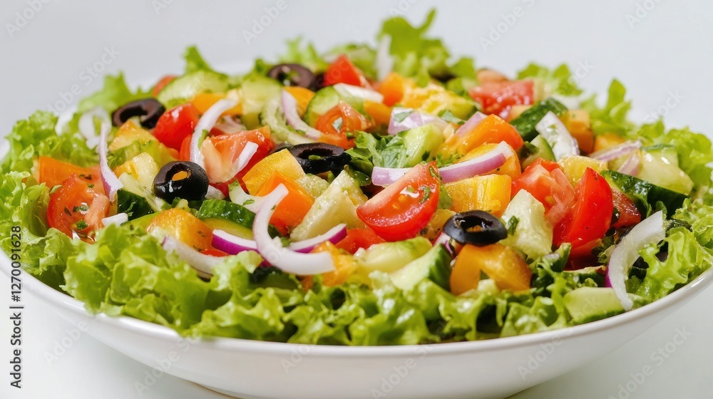 Fresh and colorful Greek salad served in a white bowl on white background Fresh and colorful Greek salad served in a white bowl on white background