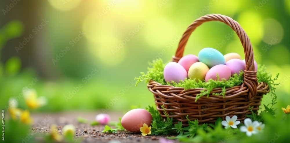 Wicker basket overflowing with pastel eggs, spring greenery , dyeing, gift Wicker basket overflowing with pastel eggs, spring greenery , dyeing, gift