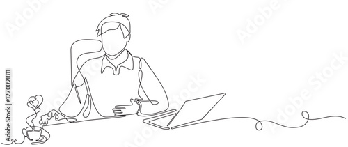 Male businessman working in front of laptop and checking finances. Draw one continuous line