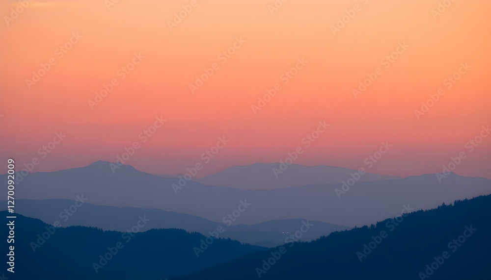 Serene Sunset over Layered Mountains, Peachy Sky Serene Sunset over Layered Mountains, Peachy Sky