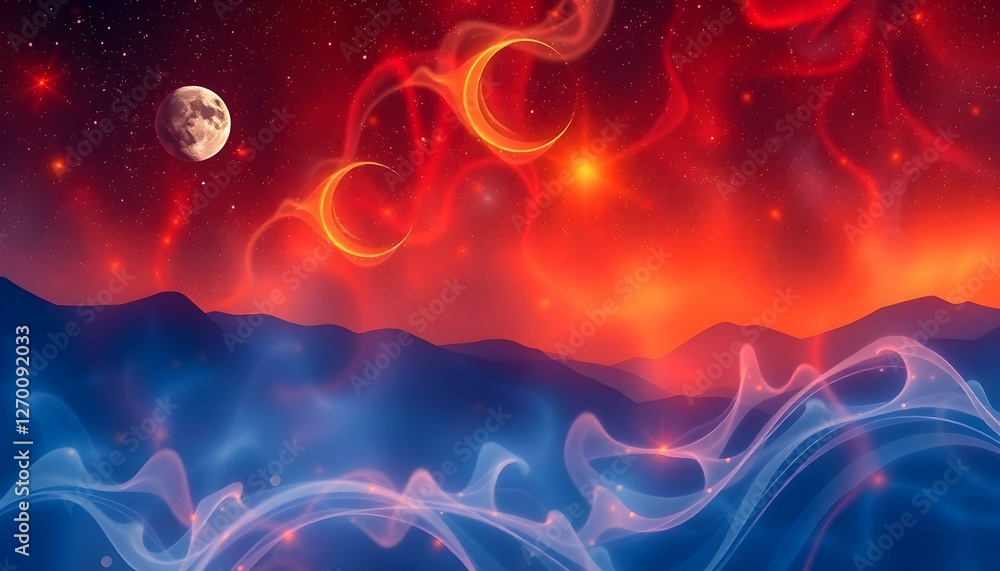 Fototapeta premium Abstract Cosmic Landscape: Red and Blue Celestial Dreamscape