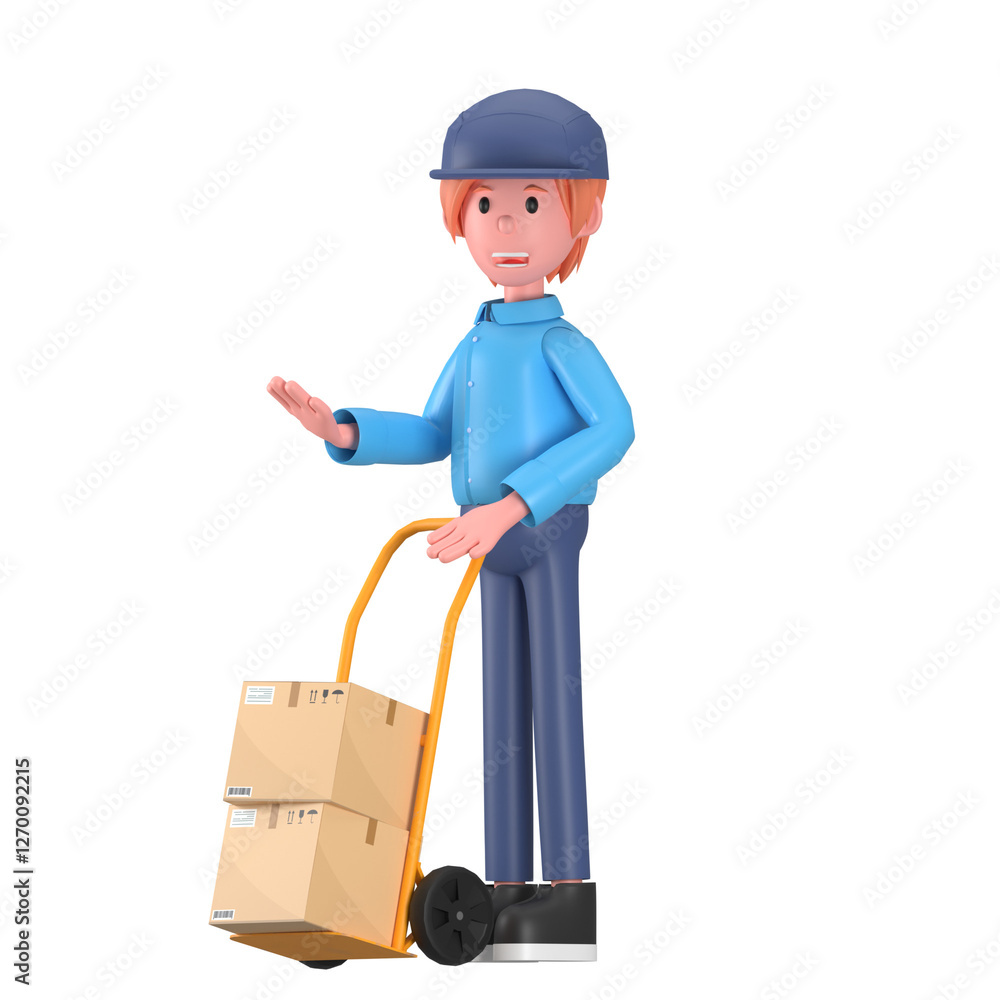 Delivery courier man in blue uniform pushing delivery cart. Safe delivery of goods concept. 3d people character illustration. Cartoon minimal style. PNG background Delivery courier man in blue uniform pushing delivery cart. Safe delivery of goods concept. 3d people character illustration. Cartoon minimal style. PNG background