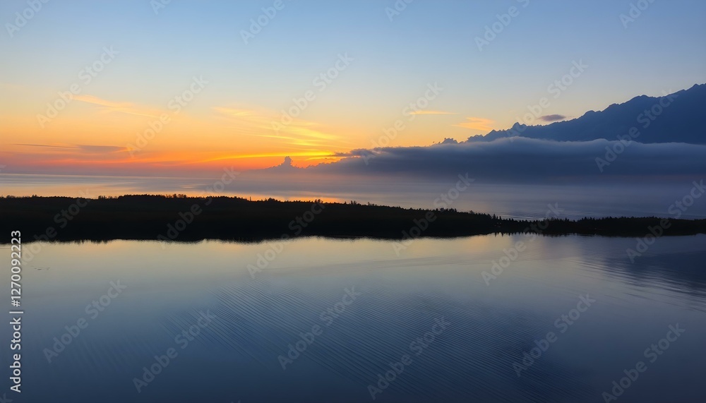 Serene Sunset Over Calm Lake and Misty Mountains Serene Sunset Over Calm Lake and Misty Mountains