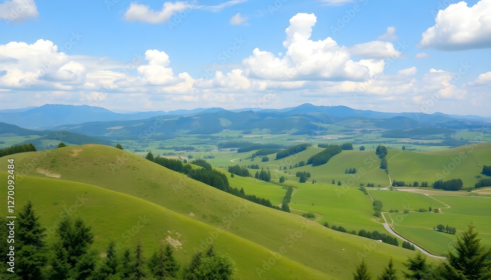 Obraz premium Stunning Panoramic View of Rolling Green Hills and Mountains Under a Blue Sky with Fluffy Clouds
