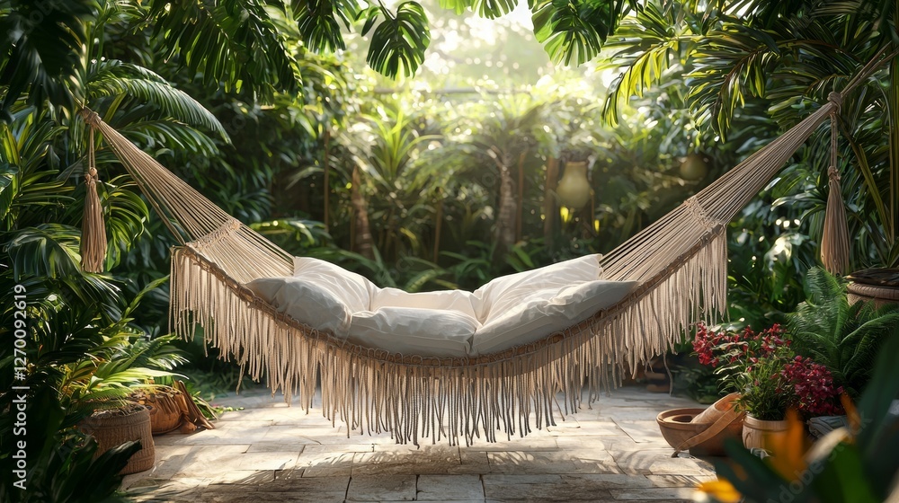 Obraz premium Tropical Outdoor Hammock Scene for Relaxation in Lush Greenery and Natural Light