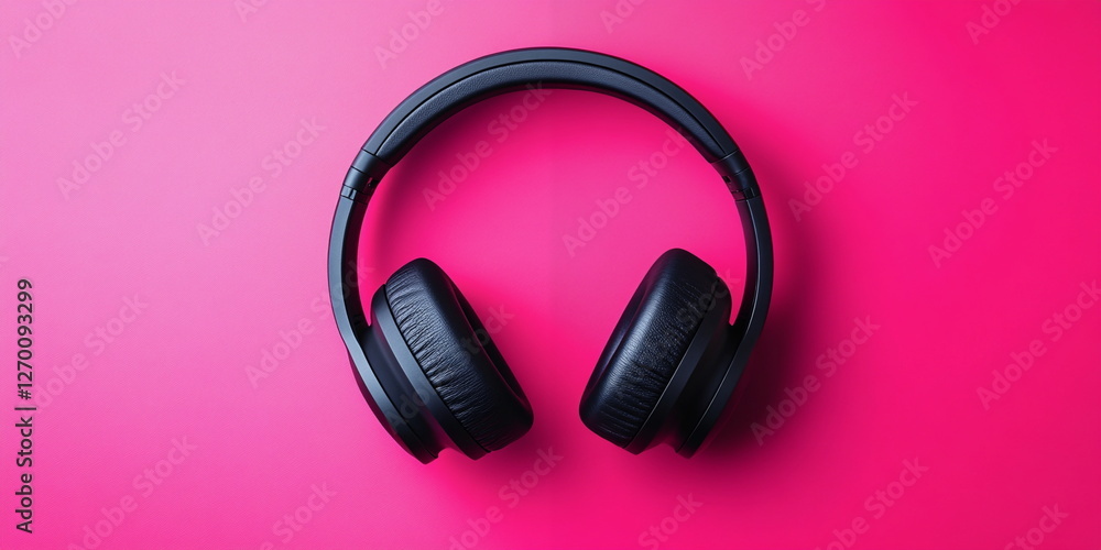 Large headphones as a gift on a pink background Large headphones as a gift on a pink background