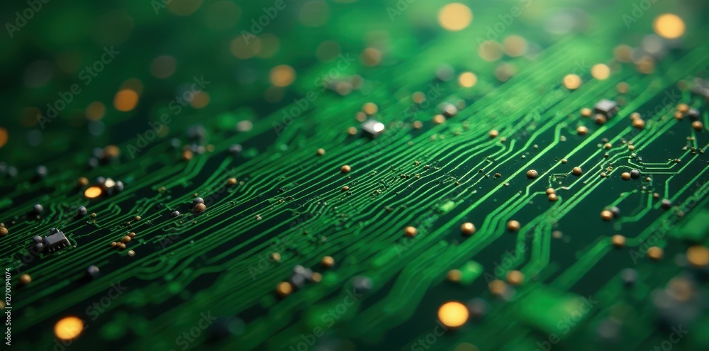 Obraz premium Intricate etched lines form complex circuitry on green PCB , engineering, geometric pattern