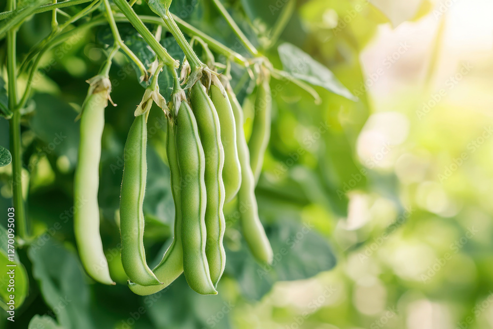A Fresh organic green beans hanging from vine, natural light highlights details, perfect for text overlay A Fresh organic green beans hanging from vine, natural light highlights details, perfect for text overlay