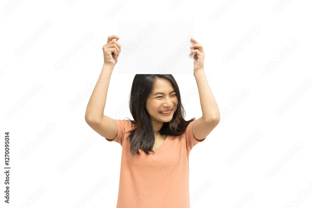 Woman showing blank white paper for copy space Woman showing blank white paper for copy space