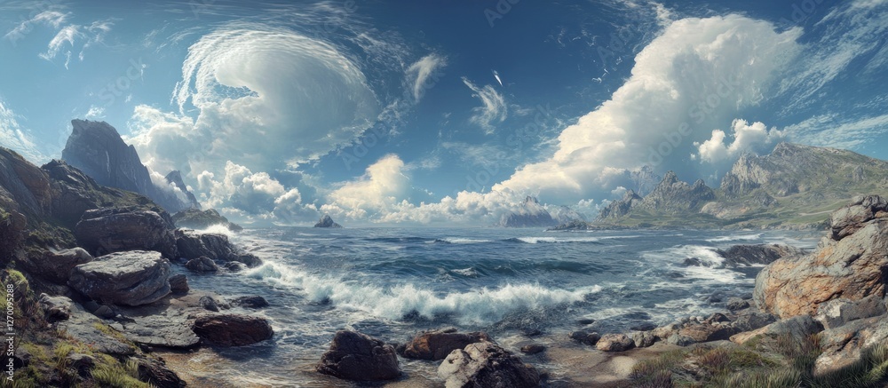 Dramatic clouds over a rocky coastline with waves crashing on the shore. Dramatic clouds over a rocky coastline with waves crashing on the shore.