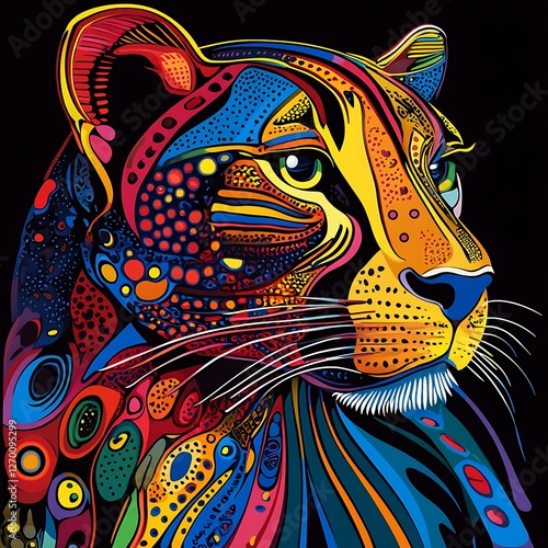 Colorful stylized leopard head, vibrant abstract design, artistic portrait, possible use as phone wallpaper or graphic photo