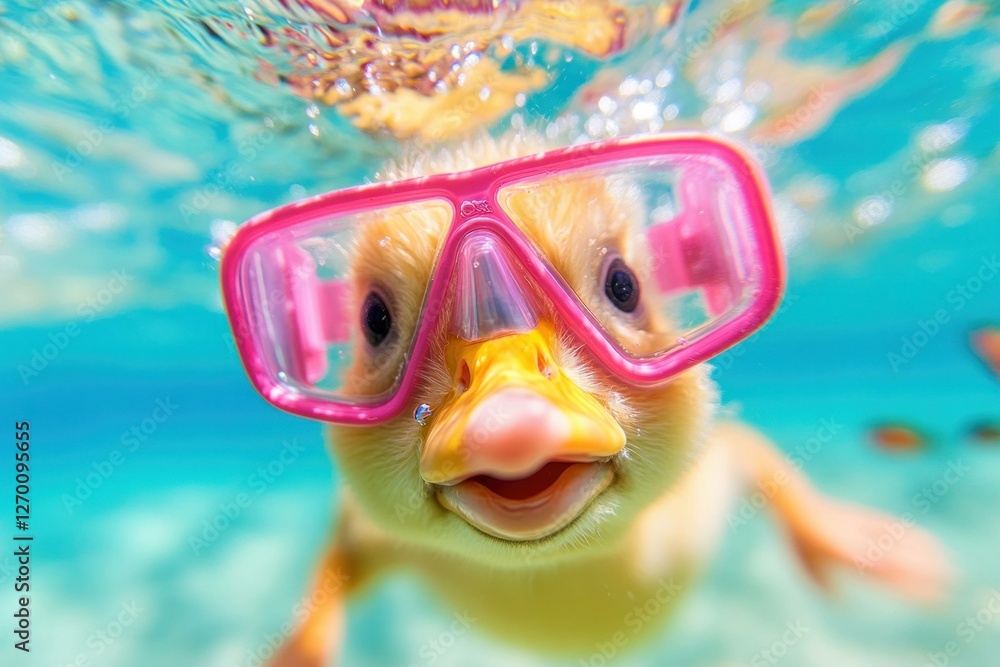 Naklejka premium Cute duckling wearing pink snorkeling goggles swimming underwater in a colorful tropical setting, evoking fun and adventure, perfect for seasonal wildlife themes