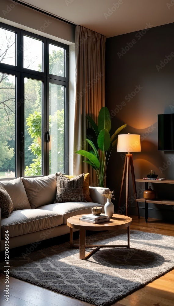Modern lighting illuminates cozy living room with large window, stylish decor , coffee table, warm Modern lighting illuminates cozy living room with large window, stylish decor , coffee table, warm