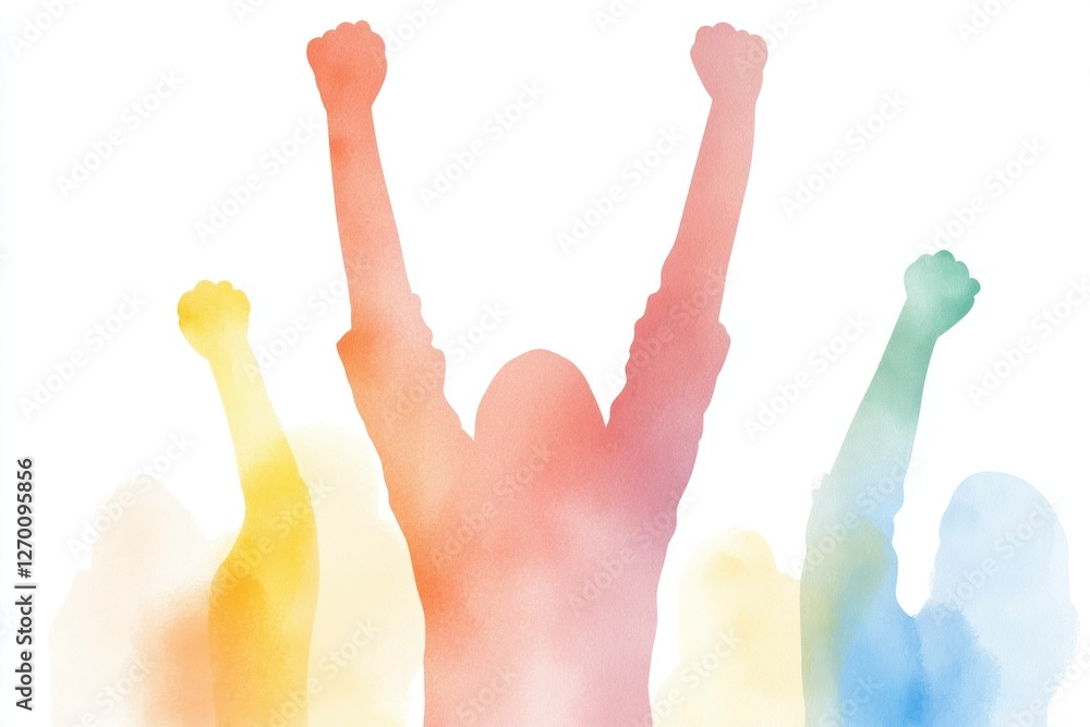 Obraz premium Vibrant watercolor illustration of raised hands celebrating success, embodying joy and unity with colorful hues and a soft background, perfect for motivation and positivity