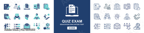 education quiz exam icon set school evaluation test online questionnaire grade result pass score vector set student learning clipboard school performance signs line illustration