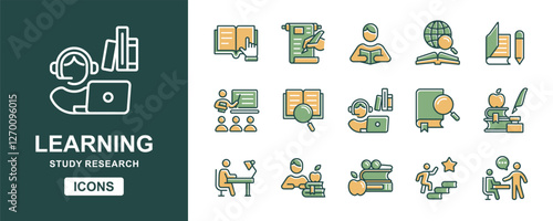 education student read and learn icon set online learning course study reading book school research assessment signs vector illustration