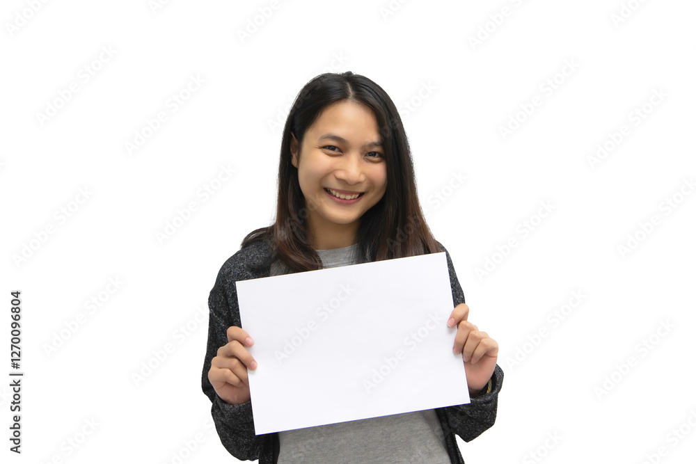 Woman showing blank white paper for copy space Woman showing blank white paper for copy space