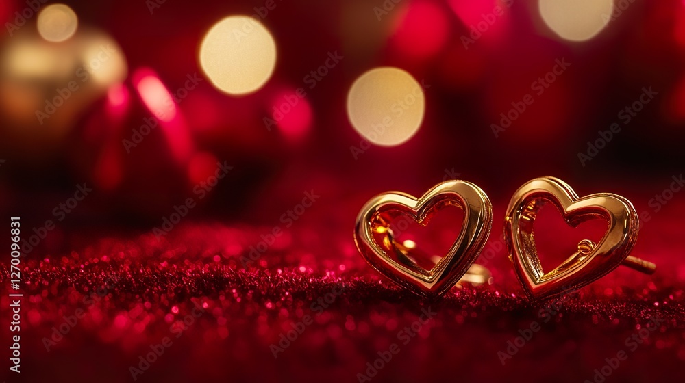 Romantic gold heart earrings on red glitter, bokeh lights. Valentine's Day gift, jewelry ad Romantic gold heart earrings on red glitter, bokeh lights. Valentine's Day gift, jewelry ad
