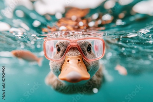 Playful duck swimming with glasses, showcasing a fun and quirky personality in a serene underwater setting with bubbles, ideal for animal lovers and children s themes photo