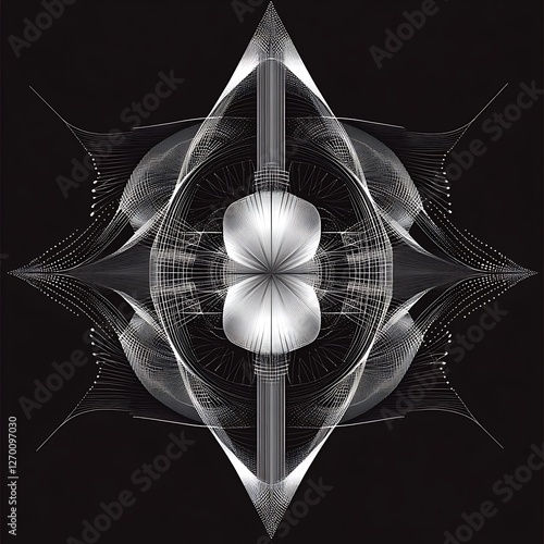 Abstract symmetrical design, geometric shapes, pattern, artistic composition, digital art, black and white photo