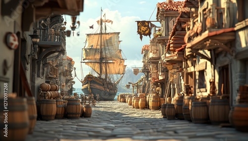 Historic seaside town with aged buildings majestic galleon and sun dappled cobbled street perspective
