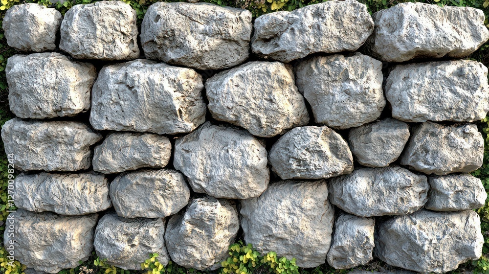 Fototapeta premium Stone wall texture, greenery border, outdoor background, design resource
