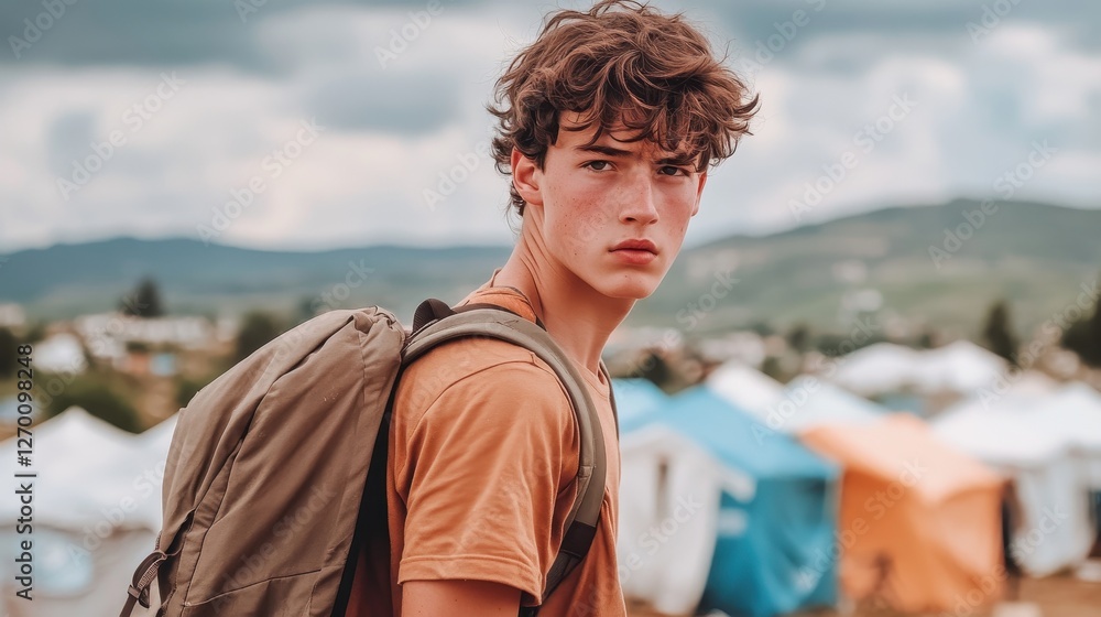 Fototapeta premium Youthful Traveler Amidst Refugee Camp
