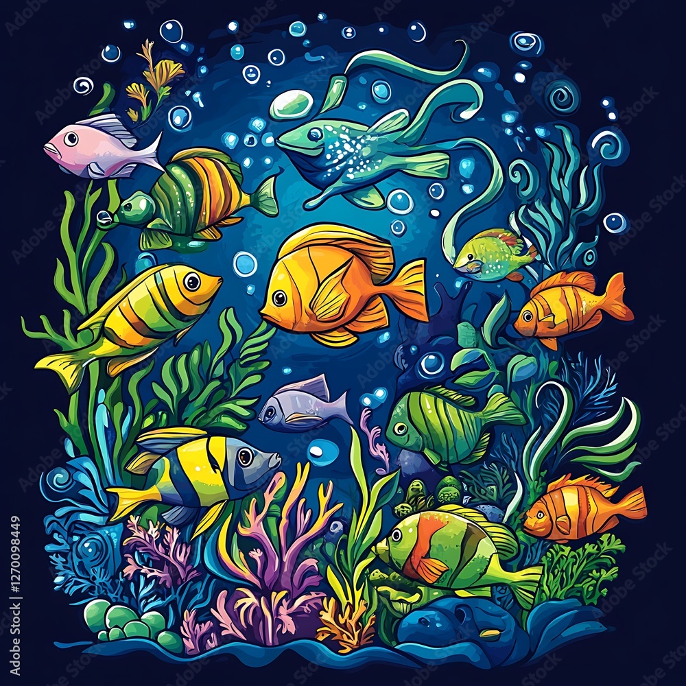 Obraz premium Colorful underwater fish illustration, vibrant coral reef, lively aquatic scene, artistic design for children's print