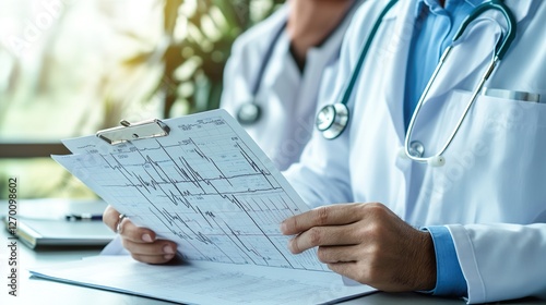 Doctor reviewing medical chart, healthcare diagnosis, clinic office, sunlight background. Use medical website, brochure