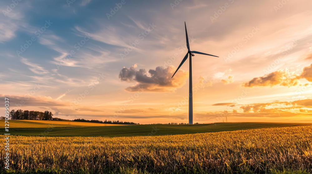 Obraz premium A modern wind turbine stands tall over vast agricultural field, symbolizing sustainable farming practices and clean energy