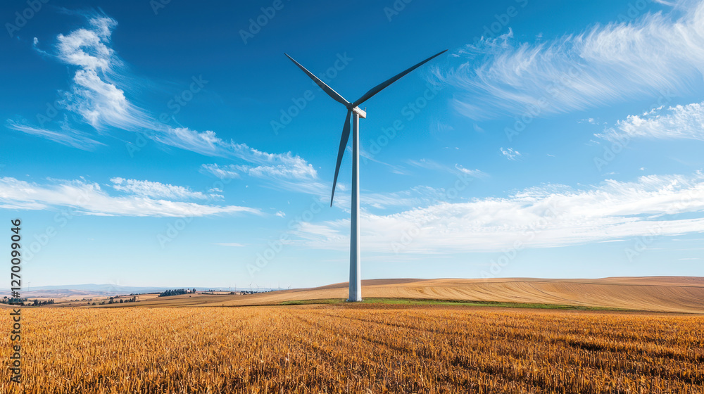 A modern wind turbine stands tall over vast agricultural field, symbolizing sustainable farming practices and clean energy A modern wind turbine stands tall over vast agricultural field, symbolizing sustainable farming practices and clean energy