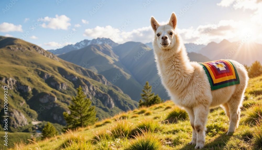 Fototapeta premium Llama standing on mountains with colorful blanket