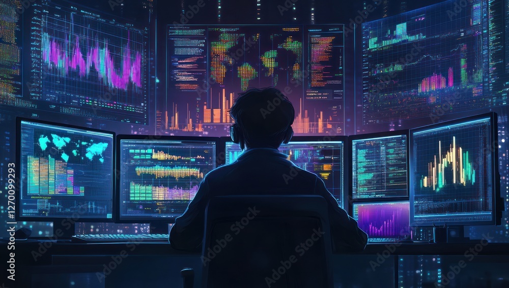 Immersed in data streams a lone figure amidst glowing screens analyzing complex information patterns Immersed in data streams a lone figure amidst glowing screens analyzing complex information patterns
