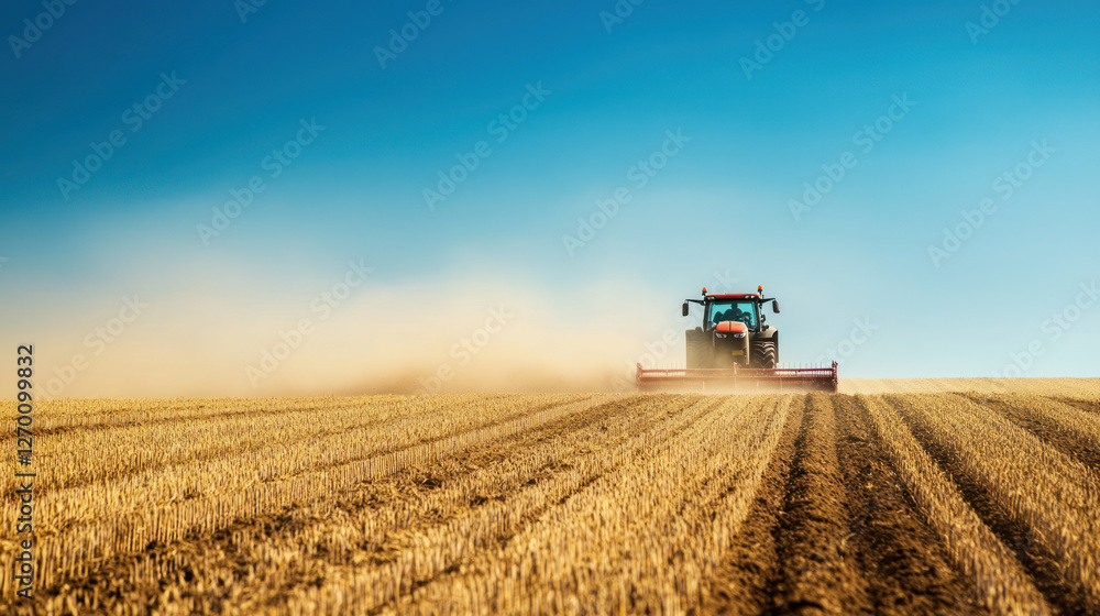 A red tractor plowing golden wheat field under clear blue sky, dust rising from soil, leaving ample copy space on right A red tractor plowing golden wheat field under clear blue sky, dust rising from soil, leaving ample copy space on right