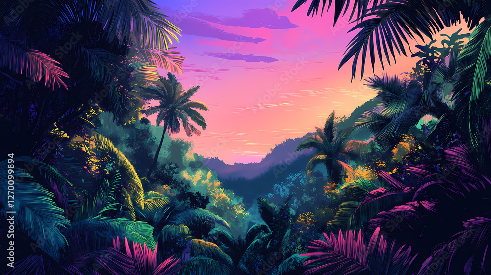 Vibrant tropical paradise with lush greenery and colorful twilight sky. Lush Neon Rainforests. Illustration Vibrant tropical paradise with lush greenery and colorful twilight sky. Lush Neon Rainforests. Illustration