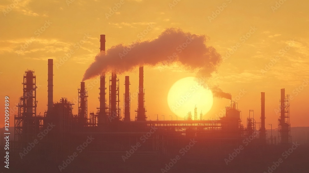Industrial Plant Silhouette At Golden Sunset. Air Pollution With Smoke From Chimneys. Energy Production. Industrial Plant Silhouette At Golden Sunset. Air Pollution With Smoke From Chimneys. Energy Production.