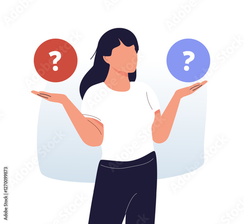 Make choice, decision concept. Puzzled business woman doubting, deciding, setting priorities. Questioned employee