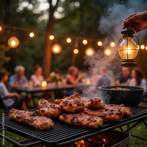 Grilled chicken at outdoor evening party with string lights