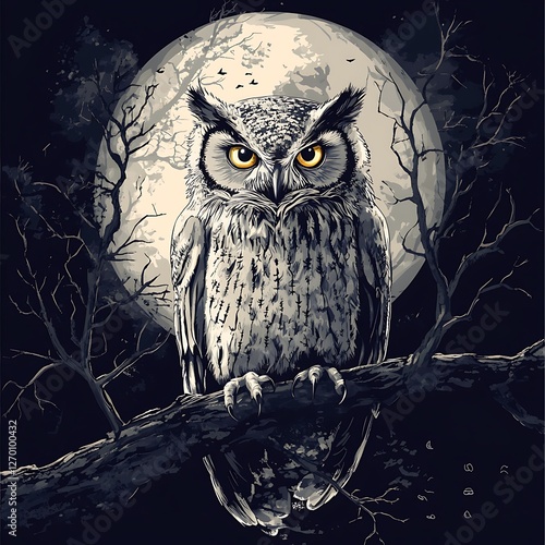 Owl on branch under moon, dark forest background. Possible use for T-shirt design, graphic art photo