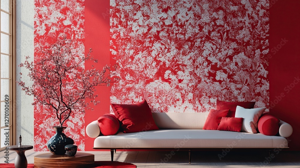 Red Floral Wallpaper Interior Design: Elegant Living Room with Modern Sofa and Red Accents