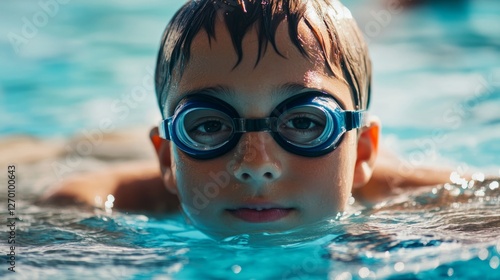Swimming boys swim goggles and caps in the outdoor pool