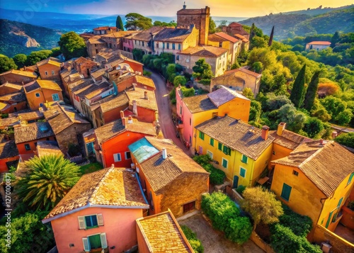Fototapeta Naklejka Na Ścianę i Meble -  Roussillon, France: a vintage travel photo showcasing charming, narrow streets from above.