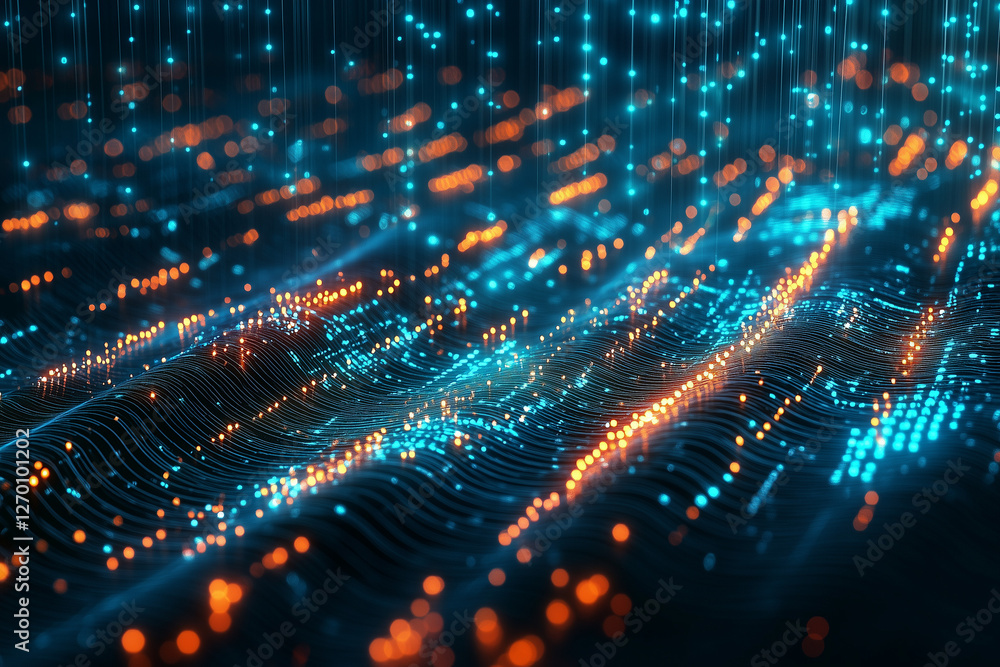 Fototapeta premium Wave line light gradient dark background. Digital backdrop of enormous data and abstract technologies. Dynamic rendering.