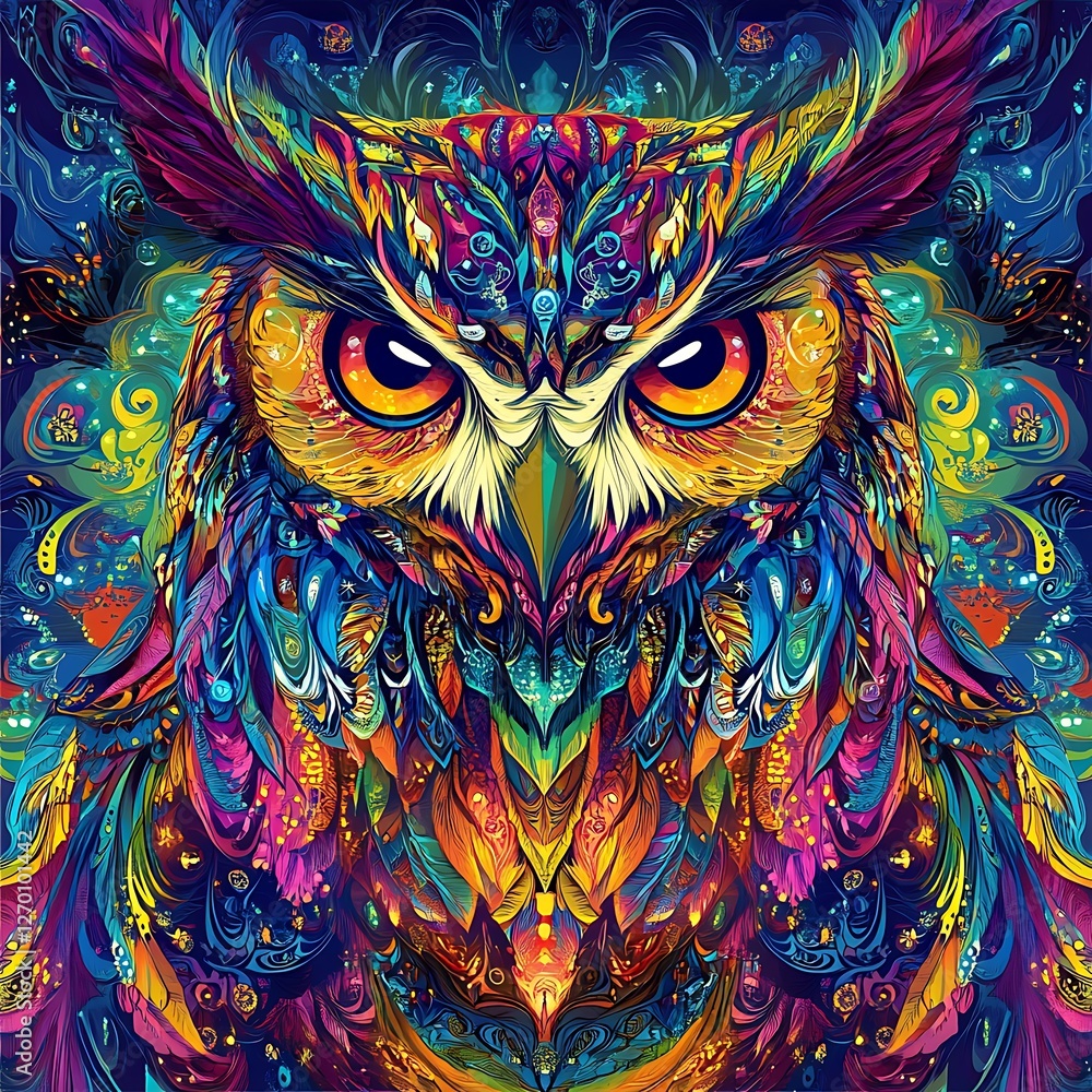 Colorful Owl Face in Abstract Design; Psychedelic Art; Possible use for posters or prints Colorful Owl Face in Abstract Design; Psychedelic Art; Possible use for posters or prints