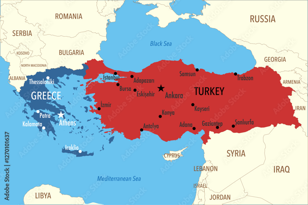 Obraz premium Vector Map of Greece and Turkey (Turkiye) with Capitals, Major Cities, and Neighboring Countries