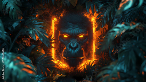 Fototapeta Naklejka Na Ścianę i Meble -  Illuminated neon frame surrounded by lush jungle leaves. futuristic tropical atmosphere with vibrant colors. ideal for conceptual art and cyberpunk aesthetics. Lush Neon Rainforests. Illustration